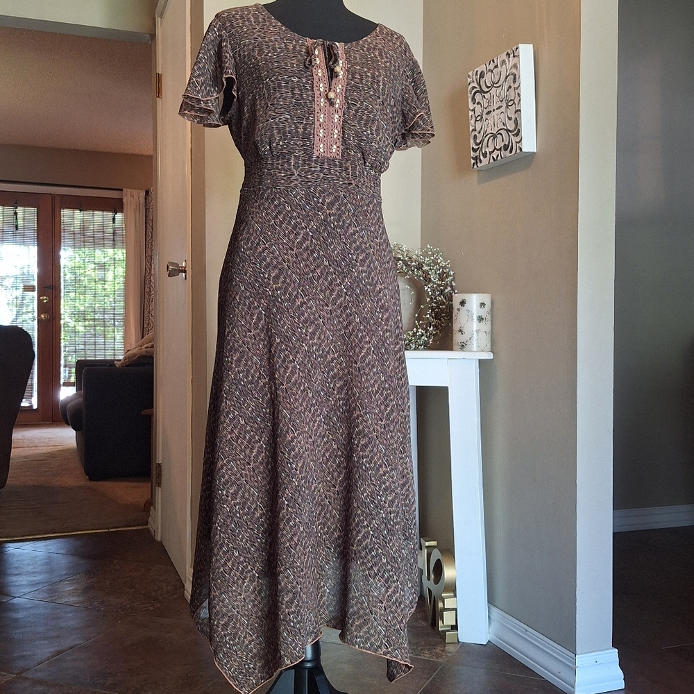 Y2K Brown Beaded Flutter Sleeve Asymmetrical Maxi Dress Medium